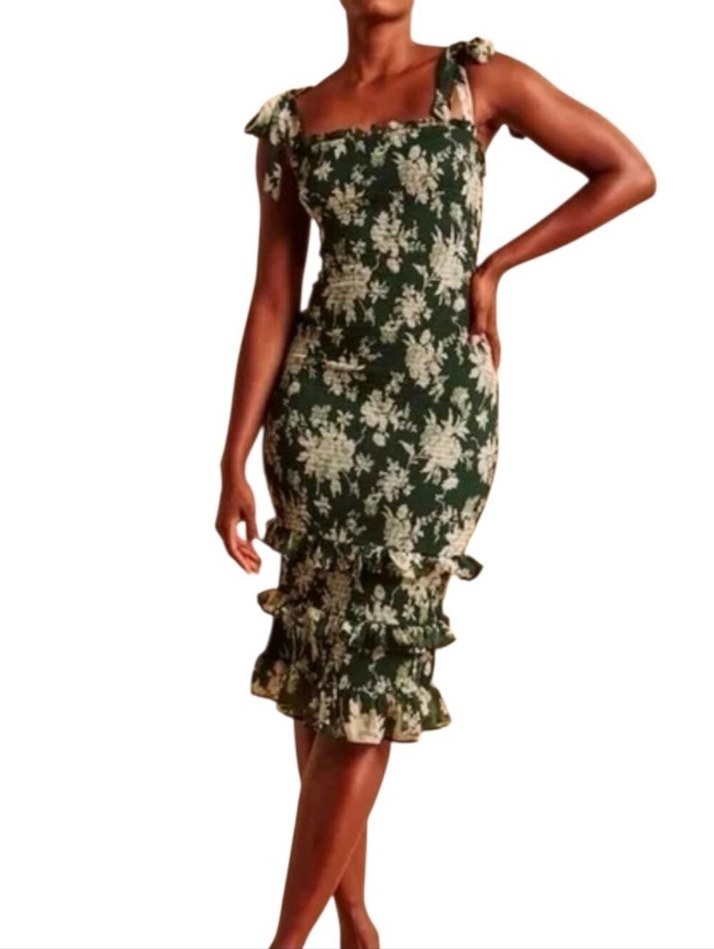 Abercrombie & Fitch Tie-Strap Smocked Midi Dress Kelly Green Floral print Sz XL